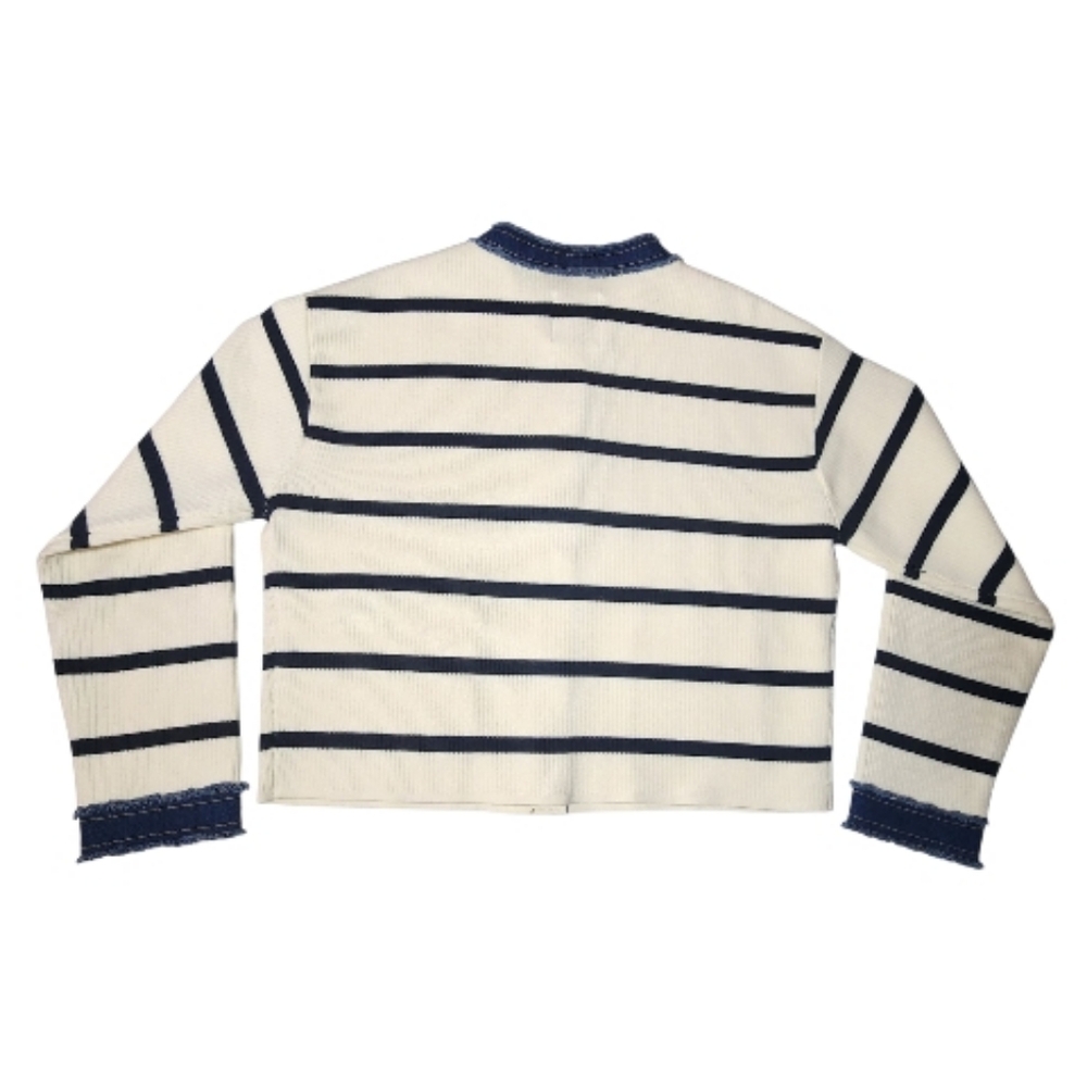 Sandro Paris Navy and Cream Striped Cardigan with Denim Details - Picture 4 of 11